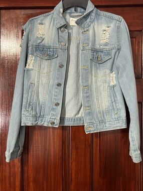 Light Blue Distressed Denim Jacket - Women